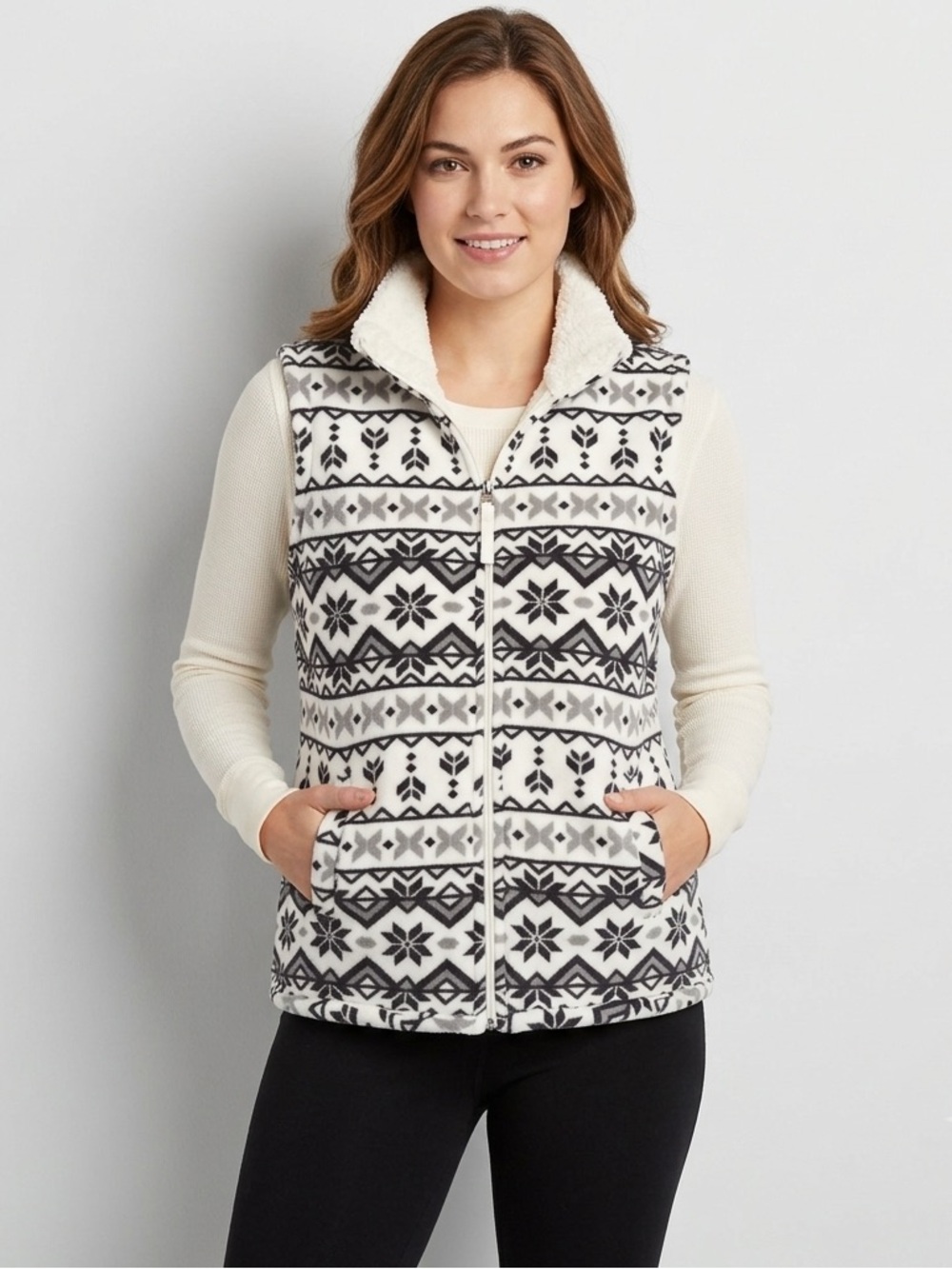 KEREN Hart Fleece Vest Winter Snowflake Pattern Cream Gray, Women’s Size Large
